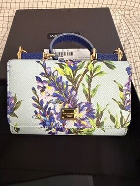 Dolce & Gabbana Light Blue Floral Sicily Mini Bag with Gold Chain